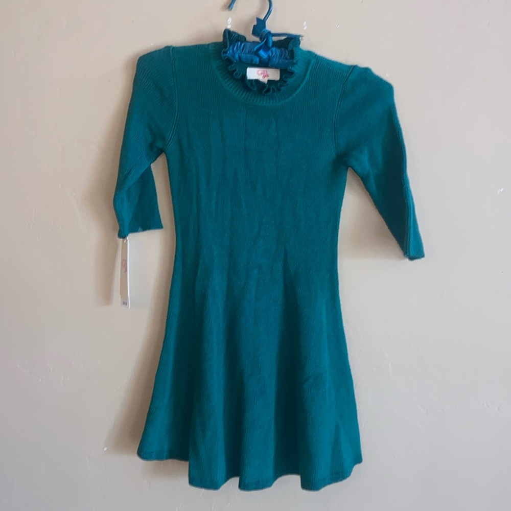 GB girls sweater dress size 6 green rayon polyester metallic